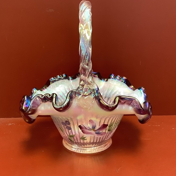Fenton Iridescent Glass Basket with Purple and Cream Highlights